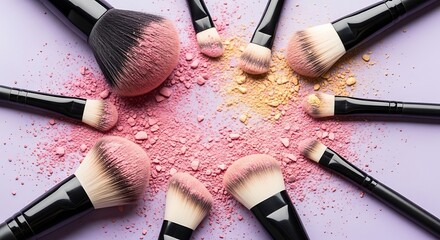 Makeup brushes are artfully arranged on a backdrop of scattered, light pink and pale yellow powder.
