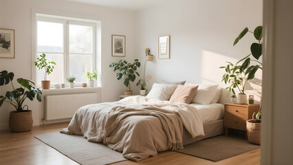 Tranquil bedroom featuring natural light, indoor plants, and neutral-toned bedding for a calming
