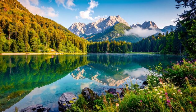 Serene alpine lake at dawn