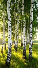 Fototapeta premium A sun-drenched birch forest, showcasing tall, white-barked trees with lush green foliage, bathed in the morning light.