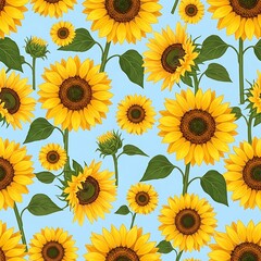 A cheerful, vibrant pattern showcasing numerous detailed sunflower illustrations against a light sky-blue background.