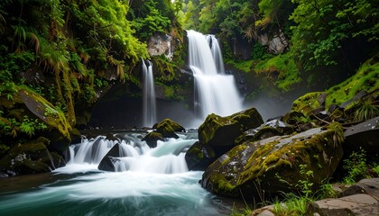 Lush waterfall cascading through a mossy gorge