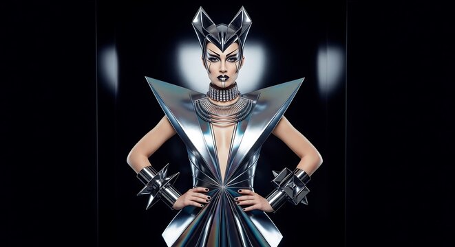 A confident person in a striking futuristic silver costume with a cat-ear headpiece and sharp, geometric shapes, poses against a dark, minimalist background, embodying sci-fi fashion. - Powered by Adobe