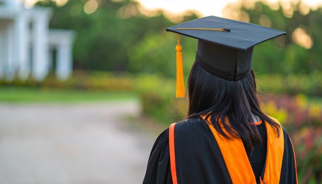 A happy young female college graduate in her cap and gown smiles with her diploma in the park, celebrating her academic achievement