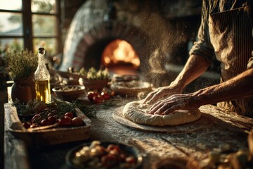 Baking. Artisan chef kneading dough in rustic kitchen with warm ambiance.