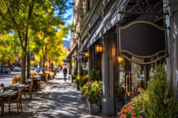 Fototapeta premium Charming Restaurant Exterior. Inviting dining space surrounded by autumn foliage.