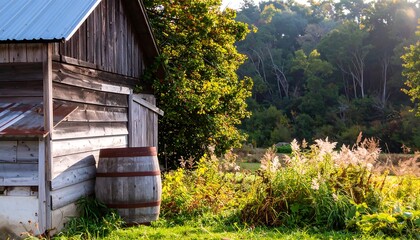Naklejka premium Rustic wooden barn in autumnal landscape