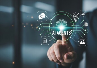 Obraz premium Photo of human finger touching a futuristic interface displaying ai agents concept with interconnected icons representing various business and technology functions