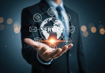 Photo of businessman holding a glowing globe with the word service in the center, surrounded by digital icons representing global connectivity and customer support