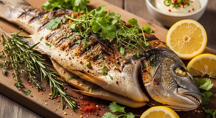 A whole grilled fish, seasoned with herbs and spices, rests on a wooden board with lemon slices and fresh herbs.