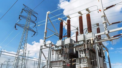 Power transformer with a robust metallic gray body and large cooling fins, installed at an electrical substation or industrial facility, connected to thick power cables for voltage regulation
