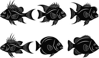 Black and white fish vector illustration set, marine species sketch, aquatic animal drawing, underwater biology art, hand-drawn sea creatures for educational design