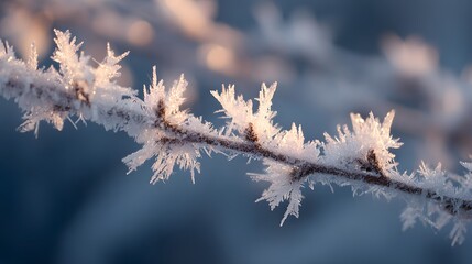 Obraz premium Delicate frost crystals adorn a branch against a soft, wintery backdrop.