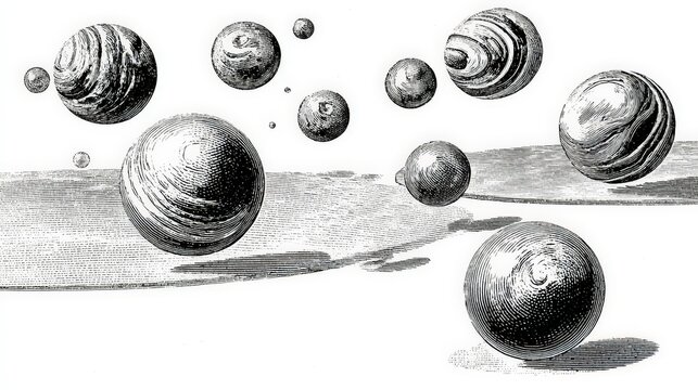 Black and white artistic depiction of multiple spherical planets or celestial bodies floating over a textured surface creating a surreal cosmic scene