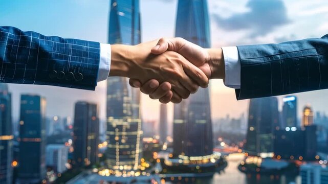 Business handshake signifies success and partnership, illuminated by cityscape skyline showcasing