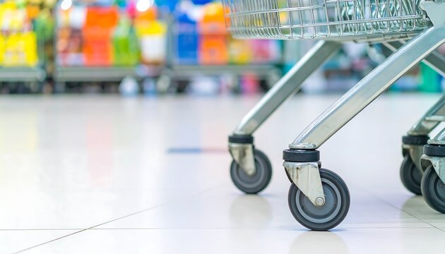 Low angle view of shopping carts in supermarket, focusing on their wheels - Powered by Adobe