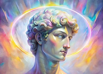 Michelangelo's David Head Sculpture With a Holographic Halo Effect Showcasing Artistic Brilliance