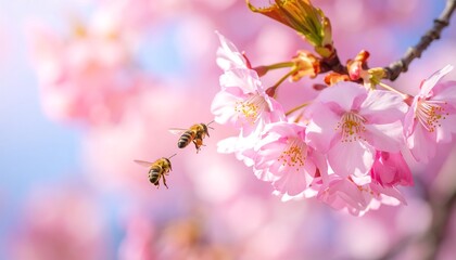 Two honeybees flit among delicate clusters of soft pink cherry blossoms, creating a peaceful spring scene.