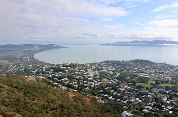View of houses and the Pacific Ocean from the Castle Hill lookout in Townsville, Queensland, Australia