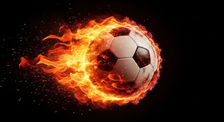 Fiery soccer ball in motion, intense sports action, dark background, dramatic imagery, perfect for sports marketing campaigns