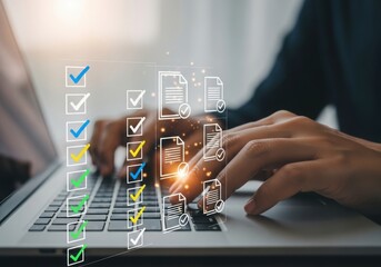 Photo of persons hands typing on a laptop keyboard with a digital checklist and document icons overlay, symbolizing task completion and project management