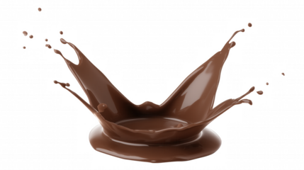 Close-up of a glossy dark chocolate splash with intricate droplets and streams on transparent background