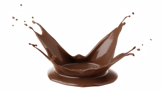 Close-up of a glossy dark chocolate splash with intricate droplets and streams on transparent background