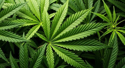 A close-up view of vibrant green cannabis leaves, showcasing intricate details and a healthy growth pattern.