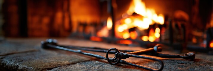 Blacksmith Tools and Glowing Fireplace During Evening at a Rustic Workshop With Warm Ambiance and Detailed Craftsmanship on Display