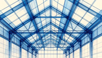 Blueprint X-ray diagram of glass atrium roof elevation