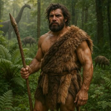 Prehistoric Warrior A Muscular Caveman in a Lush Jungle
