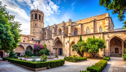 Obraz premium A sun-drenched courtyard of a historic monastery complex, featuring a beautiful stone church and meticulously maintained gardens.