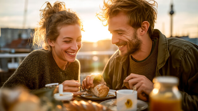A happy couple enjoying breakfast together in a sunny outdoor setting, sharing smiles and food on a bright morning.
