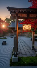 A serene Japanese garden pavilion, illuminated by a vibrant red lantern, at dawn.