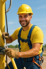 Industrious worker and Equipment: A skilled worker, confidently holding a wrench, embodies dedication in an industrial setting. with bright blue sky and yellow structure.