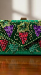 A vibrant emerald green clutch bag displays intricate embroidery of clusters of red, purple, and green grapes, set against a rich, detailed background.