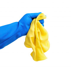 Close-up of a gloved hand gripping a crumpled yellow cloth on transparent background