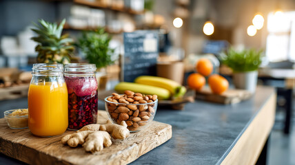 Healthy snack options on a rustic wooden board: juices, ginger, and almonds with fruits in the background.