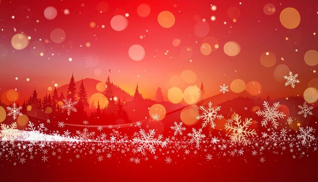Sparkling snowflakes dance across a vibrant red winter landscape creating magical festive holiday vibes.