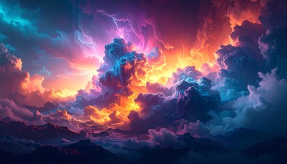 Naklejka premium Colorful, vibrant cloudscapes over a mountainous horizon