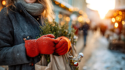 Naklejka premium A person in red mittens holds a holiday bag with greenery and ornaments on a snowy street with soft, bokeh lights in the background.
