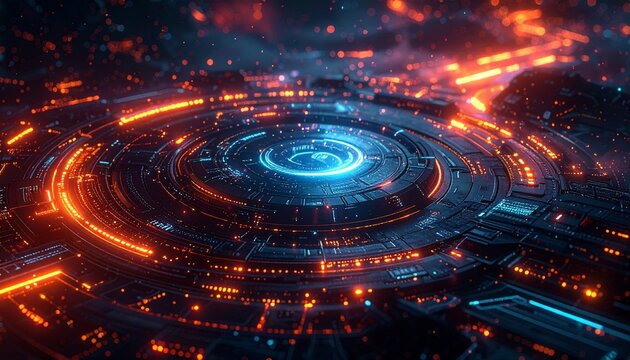 Dynamic futuristic circuit board pulses with vibrant neon energy, showcasing complex data flow and innovation.