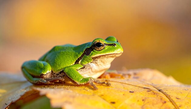 Green frog on autumn leaf