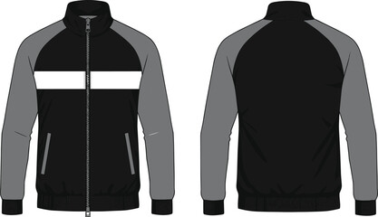 Vector illustration of front and back zip-up track jacket with color block sleeves, perfect for sportswear design and fashion mockups.