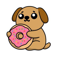 Illustration of a puppy hugging a donut, use this design for icons, stickers or for editing purposes. 