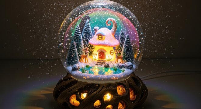 Enchanting snow globe featuring a whimsical mushroom house in a winter wonderland scene