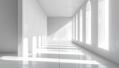 Obraz premium Sunlight streams through arched windows illuminating a minimalist white hallway creating a serene and modern architectural space