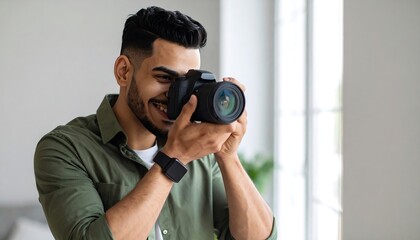 Obraz premium Smiling Young Man Photographer Capturing a Shot Indoors with Lifestyle, Camera, and Focused.
