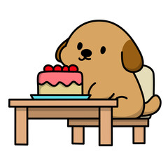 Illustration of a dog sitting enjoying a birthday cake, use this design for icons, stickers or for editing purposes. 