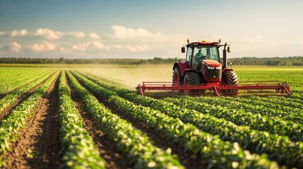 Fototapeta premium An advanced farming tractor with GPS and AI technology at work in a field, blurred background 